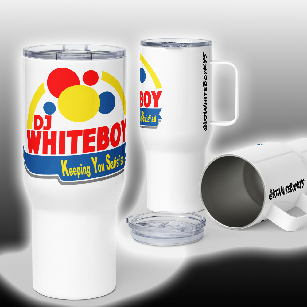 25oz Travel mug with a handle. Classic Logo