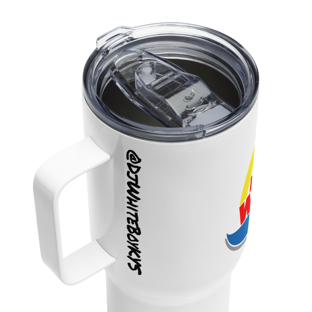 25oz Travel mug with a handle. Classic Logo